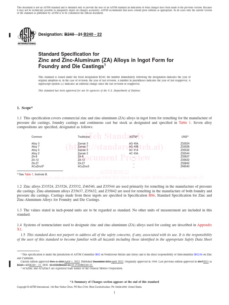 ASTM-B240-22 - Zamac | PDF | Ingot | Specification (Technical Standard)