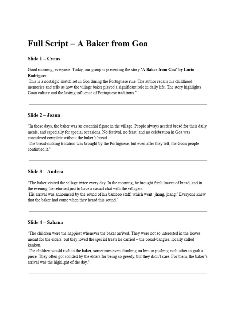 Full Script - A Baker From Goa | PDF | Trousers | Cuisine