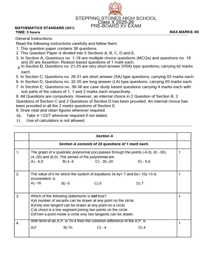 X Standard Maths Pre-Board XV Exam Paper With Answer Key PDF | PDF ...