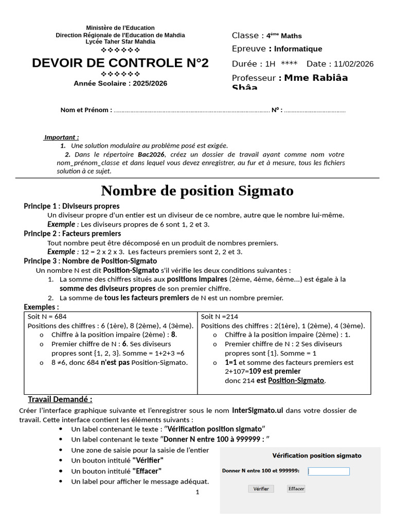 Devoir Controle 2 QT 2025 2026 Rabiâa Inès Sigmatof | PDF | Nombre ...