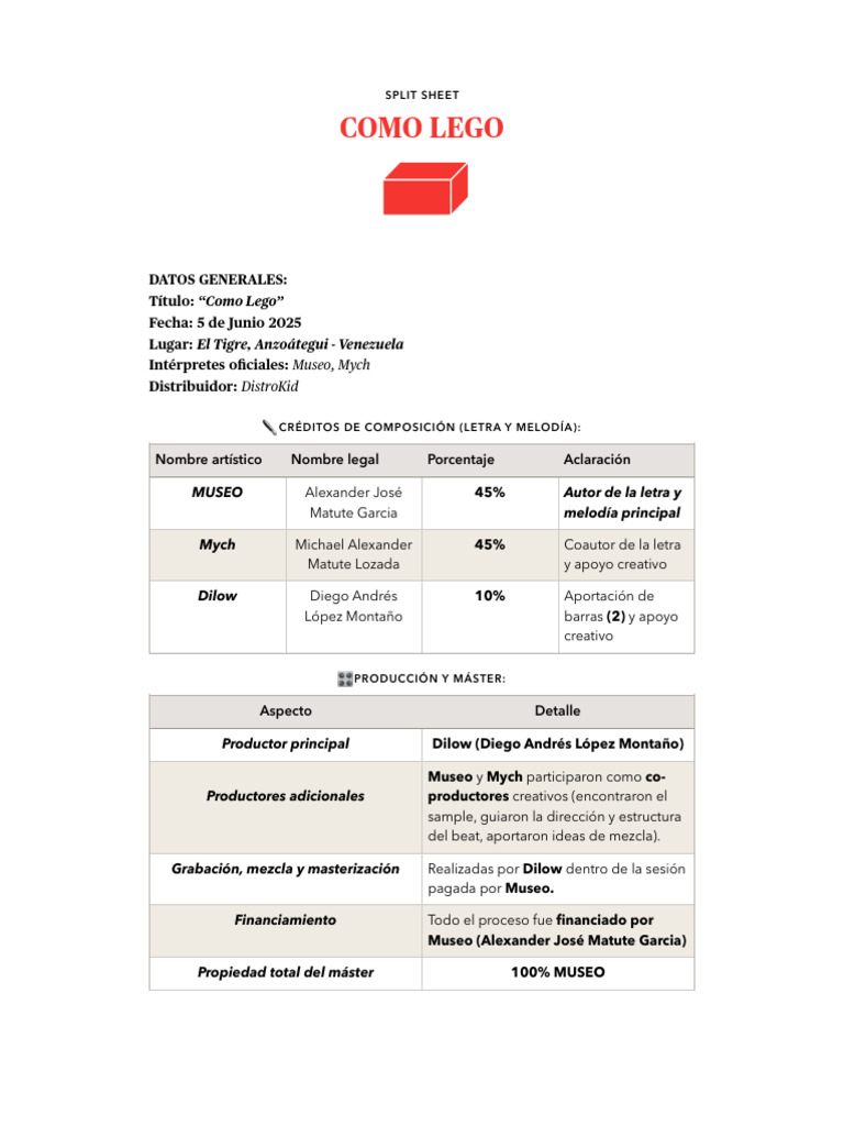 Split Sheet “Como Lego” | PDF