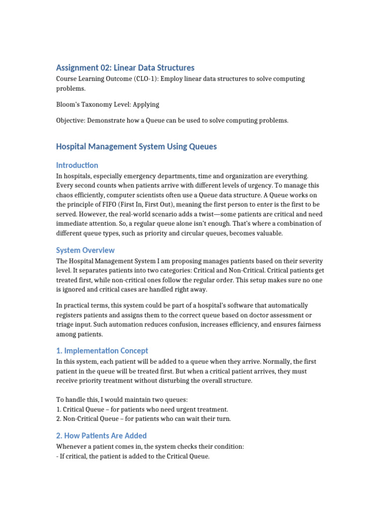 Assignment 02 Expanded Hospital Management Using Queues | PDF | Queue ...