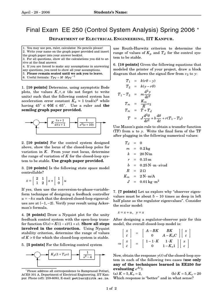 Finalexam EE250 Spring06 | PDF | Control Theory | Applied Mathematics