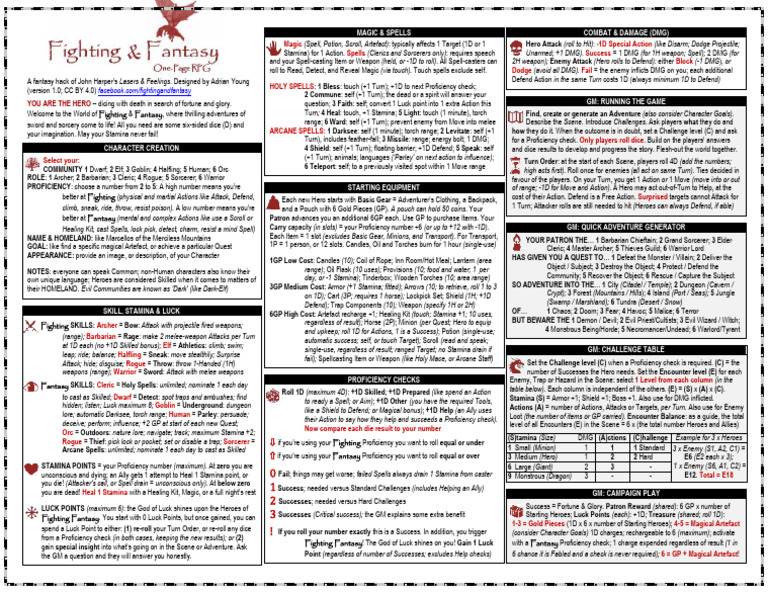 Fighting & Fantasy RPG A One Page Fantasy Hack of Lasers & Feelings | PDF