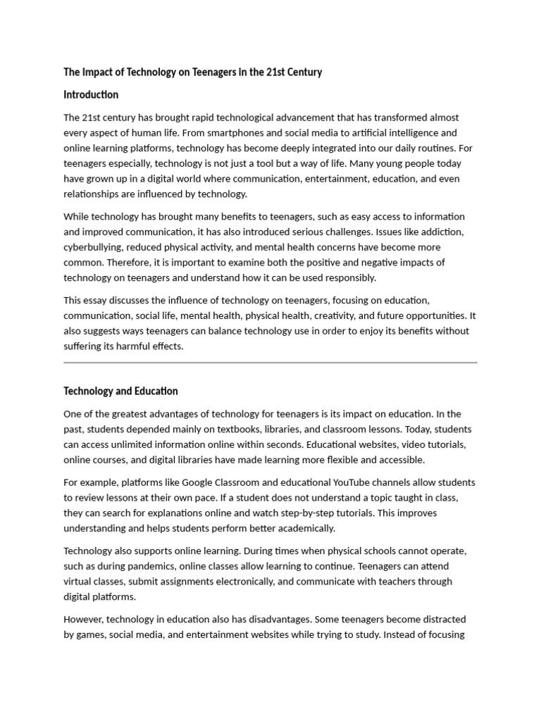 The Impact of Technology On Teenagers in The 21st Century | PDF ...