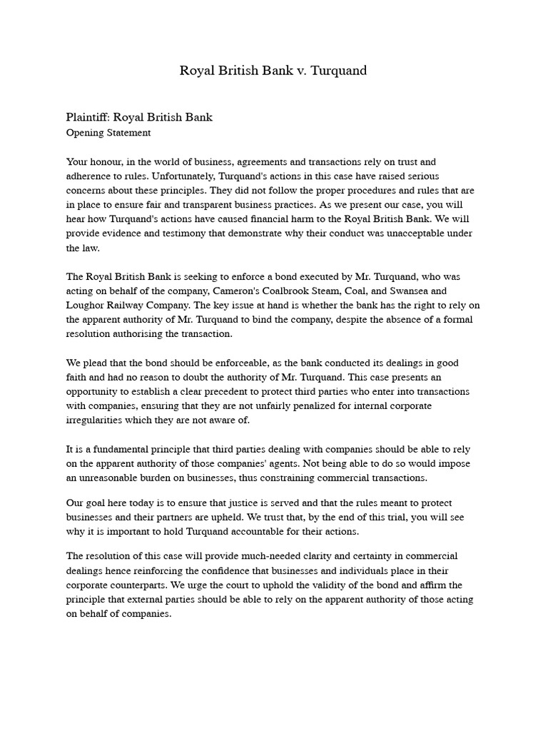 Royal British Bank V Turquand | PDF | Intention | Governance