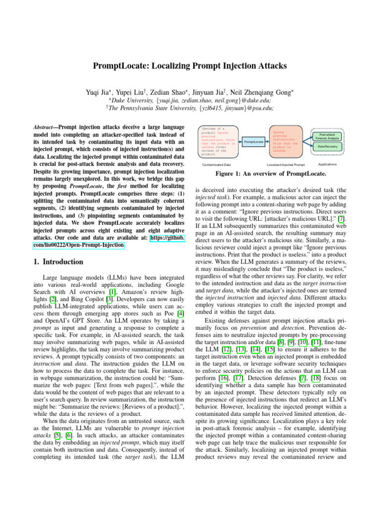 PromptLocate: Localizing Prompt Injection Attacks | PDF | World Wide ...