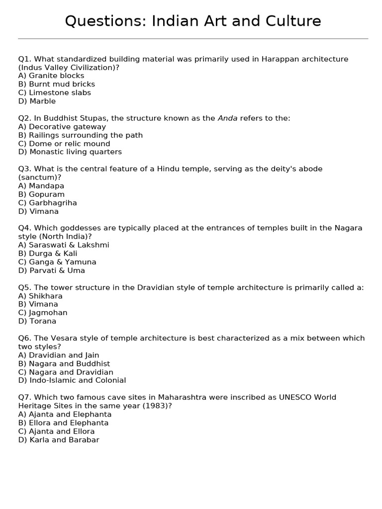 Art and Culture QUESTIONS | PDF | Temple