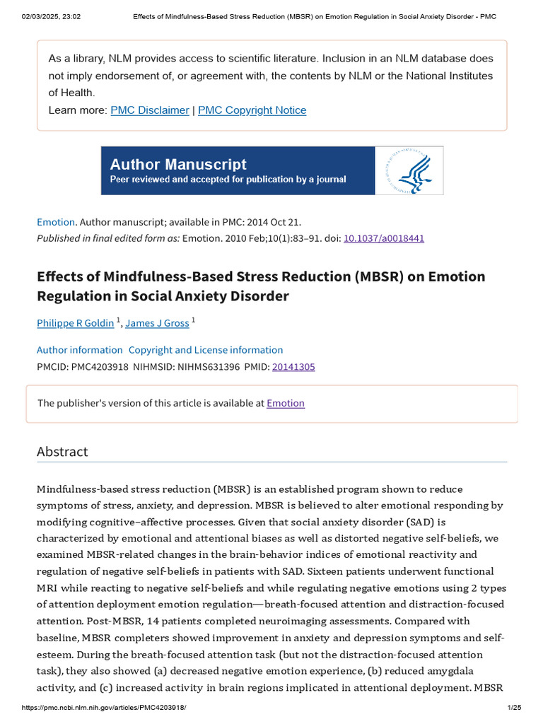 Effects of Mindfulness-Based Stress Reduction (MBSR) On Emotion ...