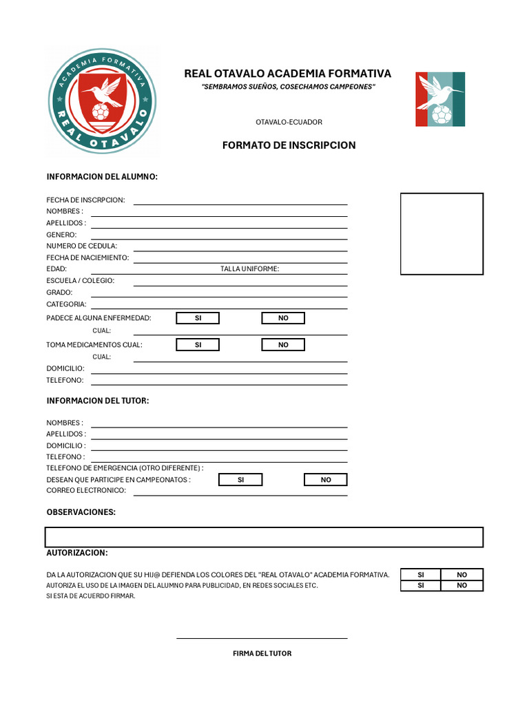Formato de Inscripcion Real Otavalo Academy 2026 Actual | PDF