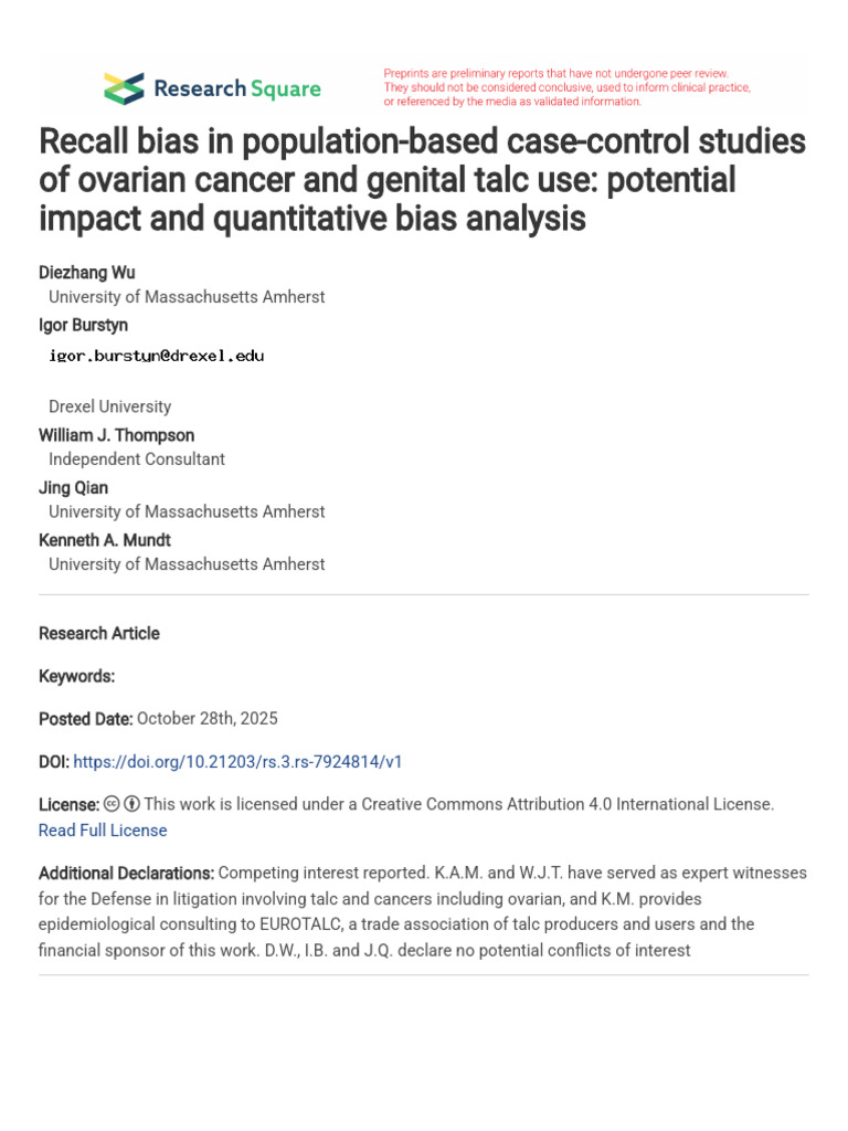 Recall Bias in Population Based Case Control Studies of Ovarian Cancer ...