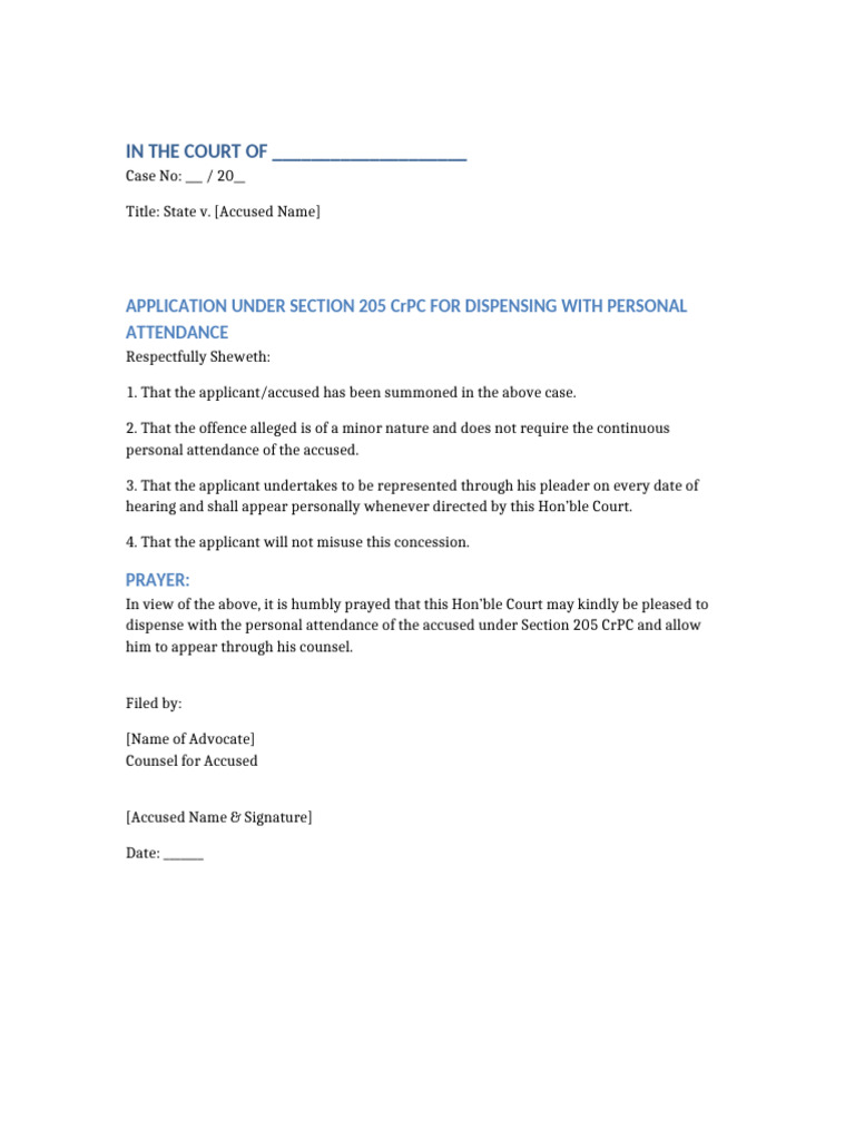Application Under Section 205 CRPC | PDF