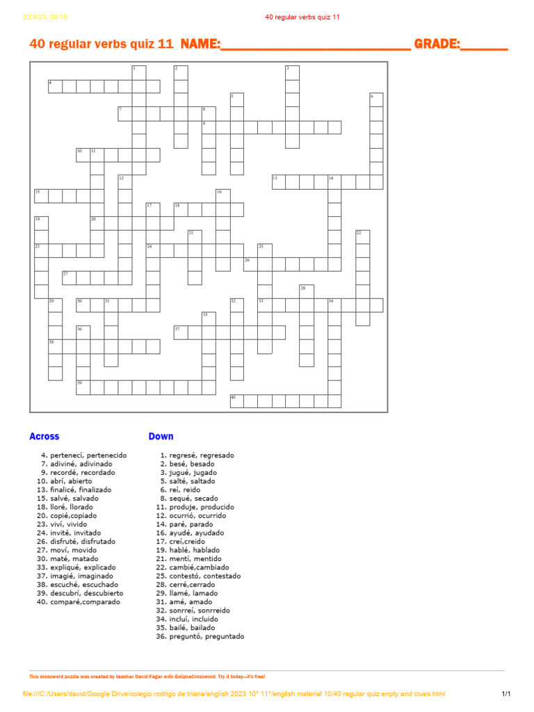 40 Regular Verbs Quiz 11 | PDF