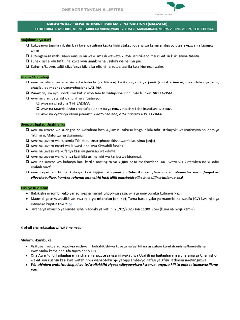 Tangazo La Kazi Afisa Tathmini 2026 PDF