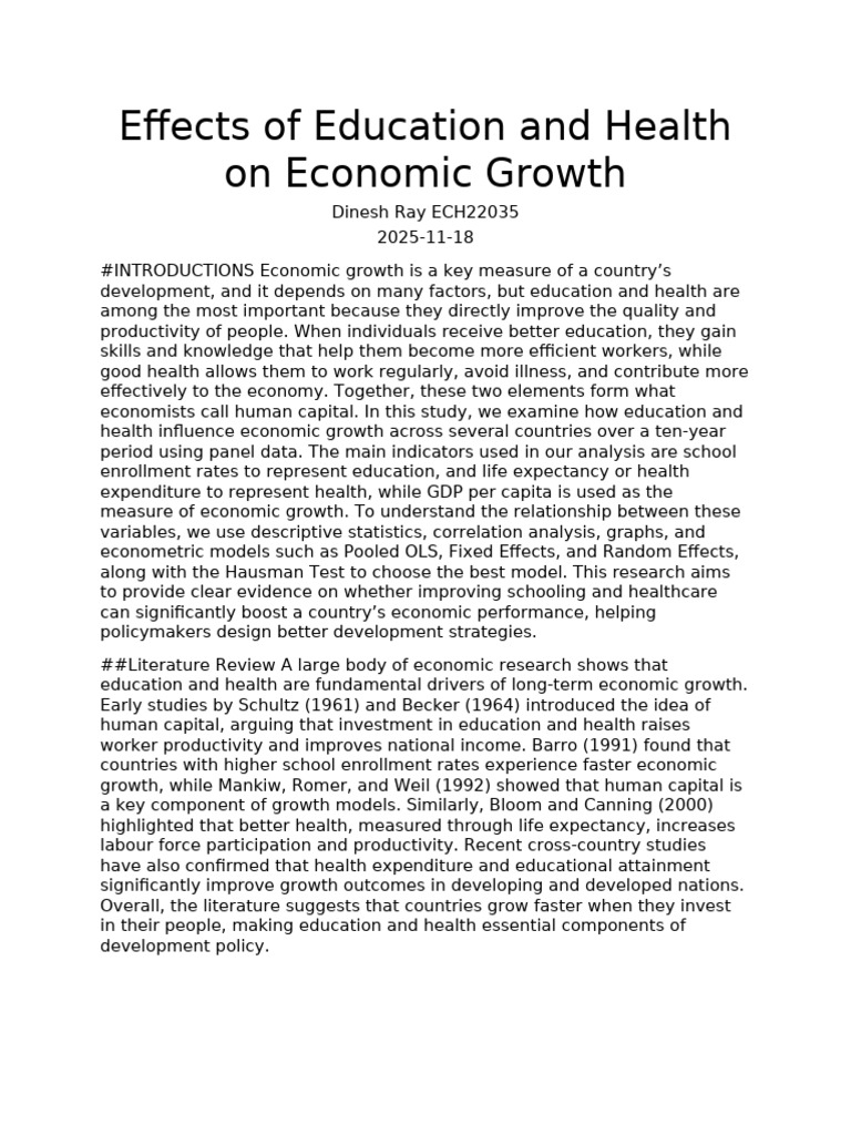 Effects of Education and Health On Economic Growth | PDF | Economic ...