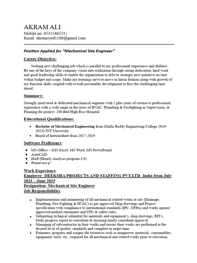 Akram Ali - Mechanical Engineer D | PDF