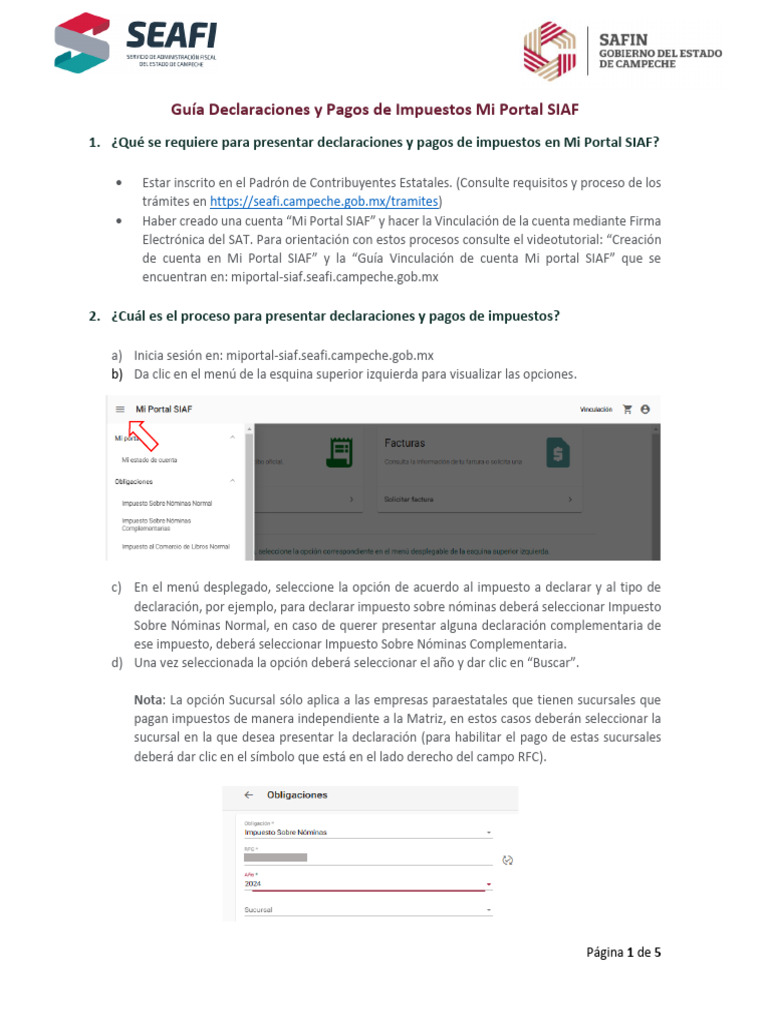 Guía Declaraciones y Pagos de Impuestos Portal SIAF | PDF | Impuestos