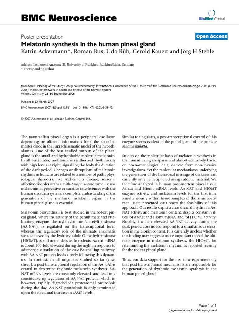 Melatonin Synthesis in The Human Pineal Gland | PDF | Organ (Anatomy)