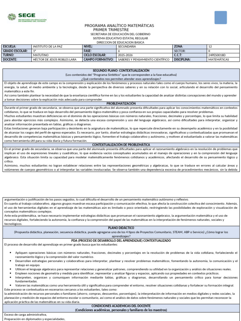 Trimestre 1 Planeacion Matemáticas Primer Grado 2025-2026 Mes 2 Oct ...