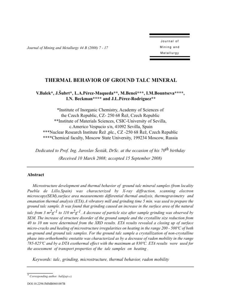 Thermal Behavior of Ground Talc Mineral | PDF | Diffusion | Temperature