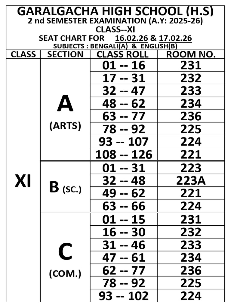 Seat Chart 16 & 17.02.26 (Beng, Eng) | PDF