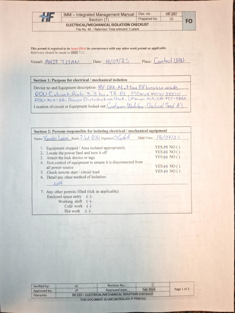Isolation Control Certificate | PDF