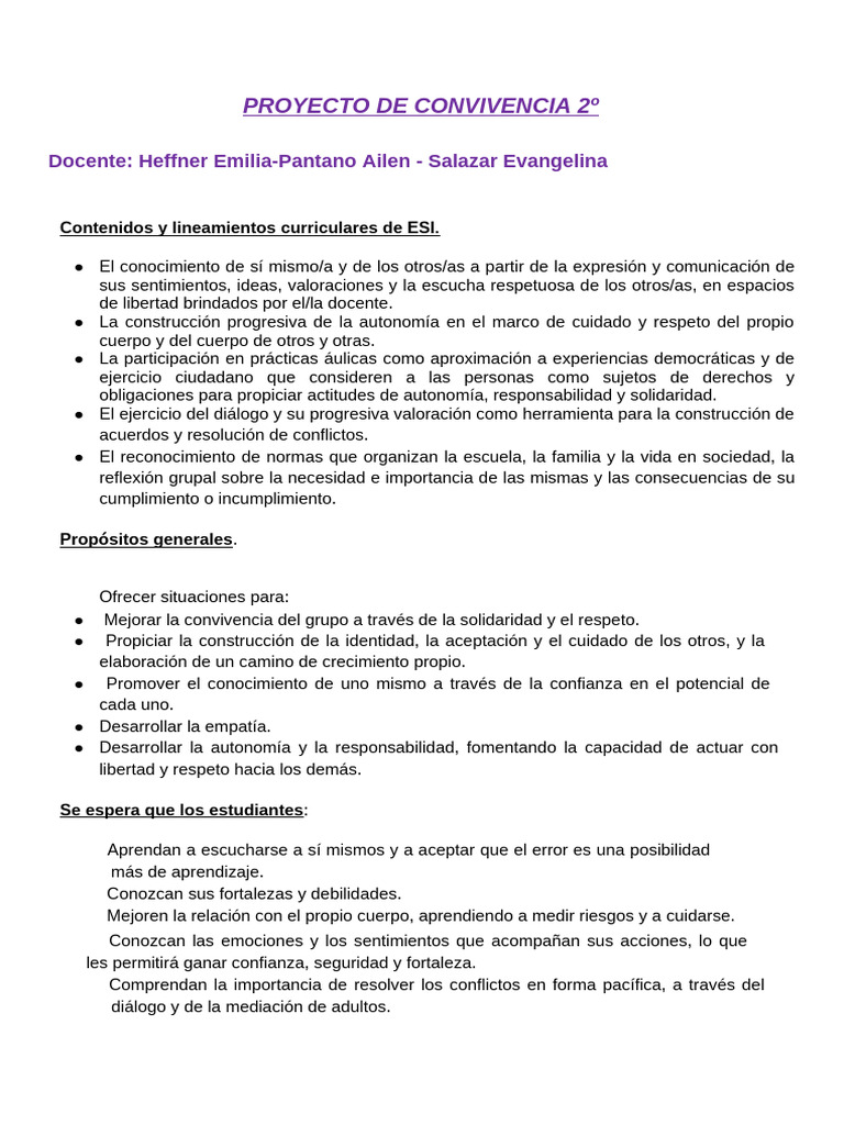 Proyecto de Convivencia 2do 2025 | PDF | Salón de clases | Maestros