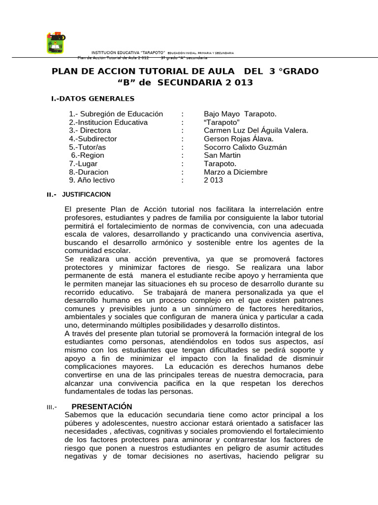 Plan de Accion Tutorial 3A 12 | PDF | Autoestima | Salón de clases