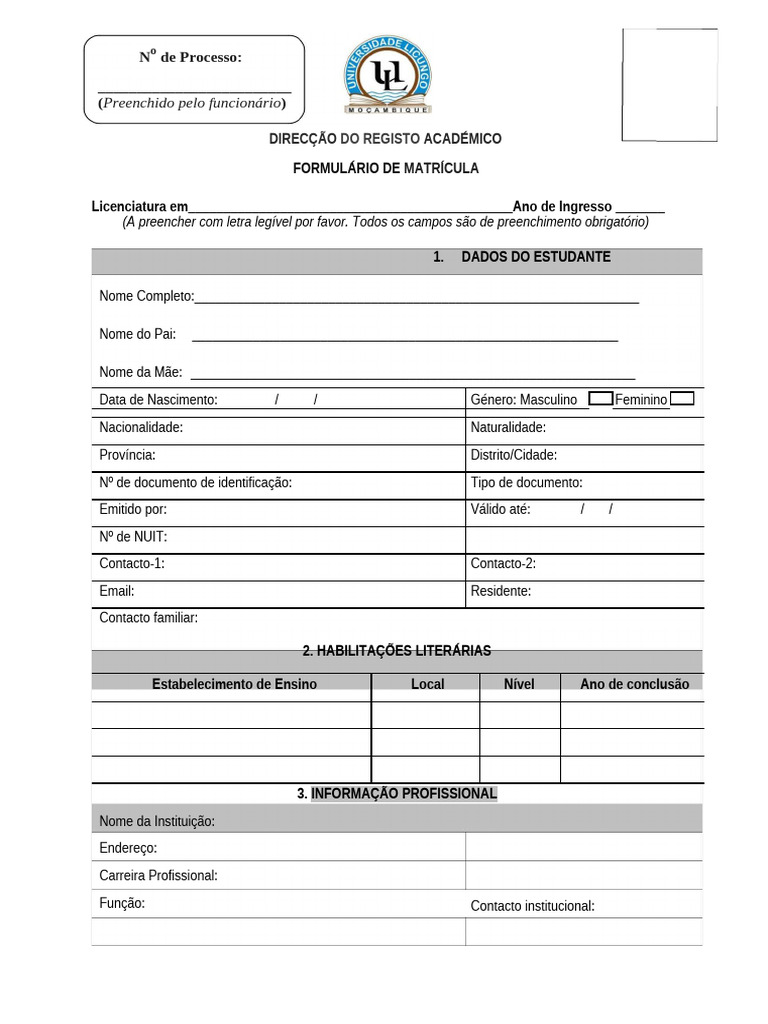 UniLicungo Formulario de Matricula | PDF
