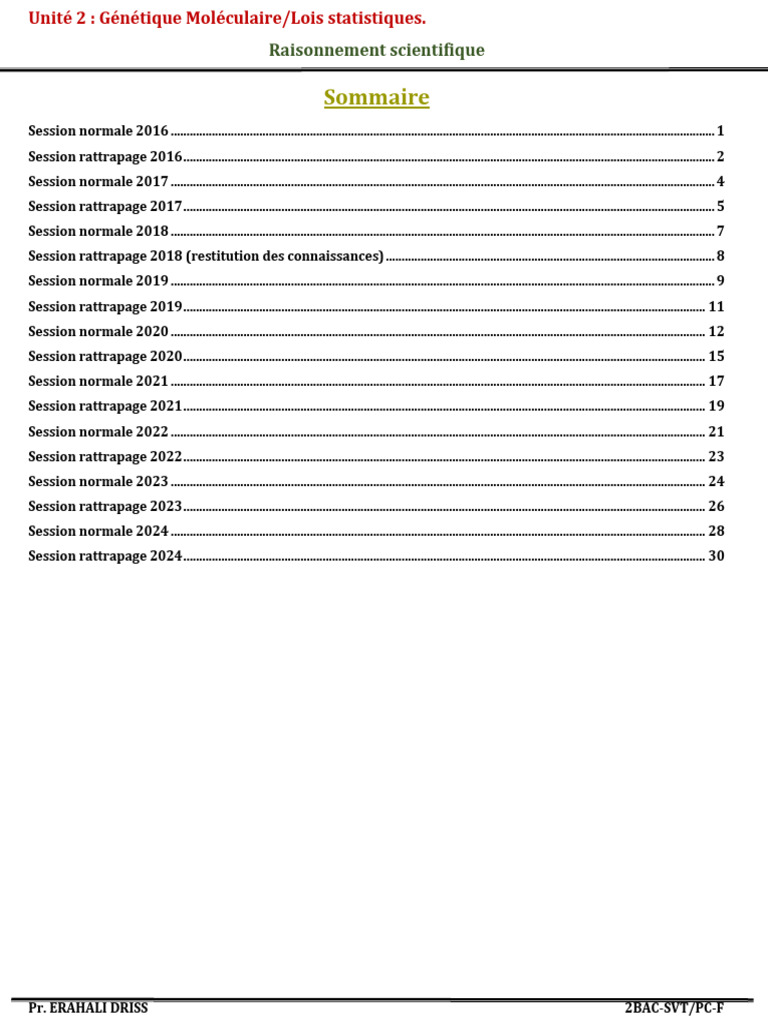 PR Erahali Driss (SVT) - Rs D'unité 2 - PC - Correction | PDF