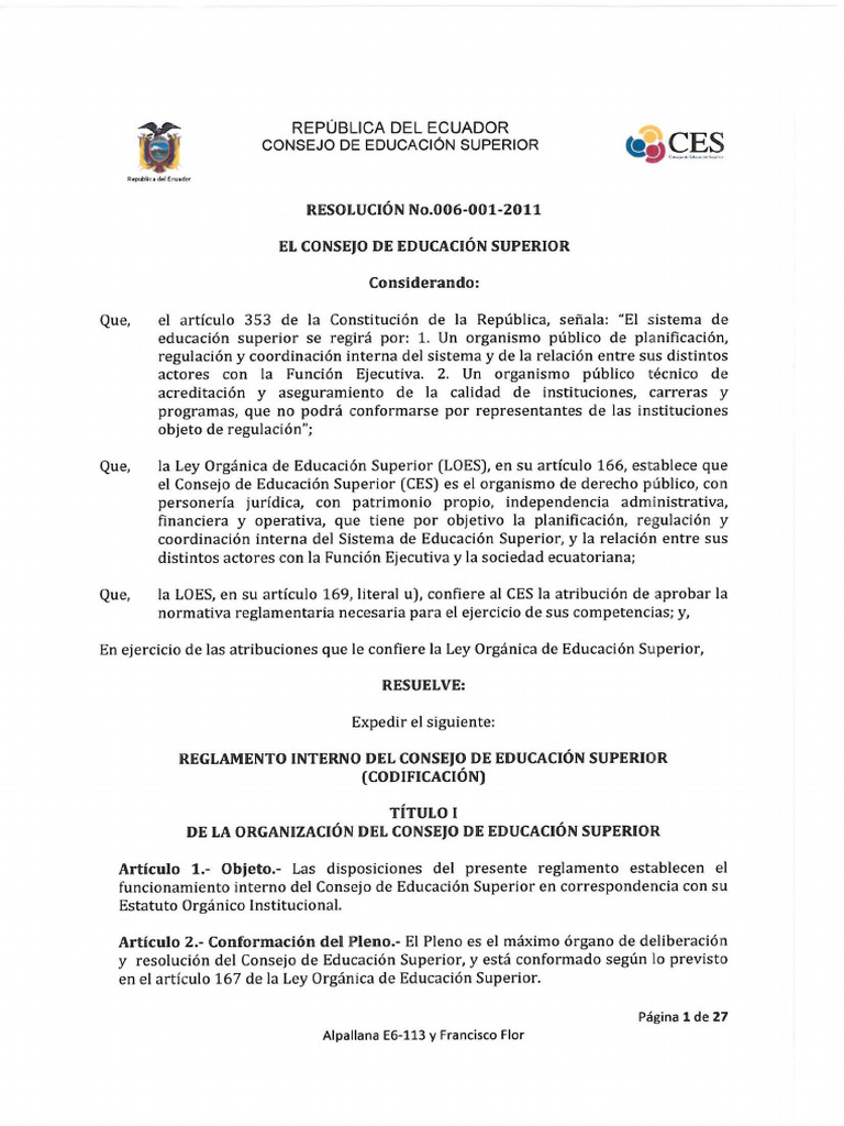 Reglamento Interno Del Consejo de Educacion Superior Codificacion | PDF