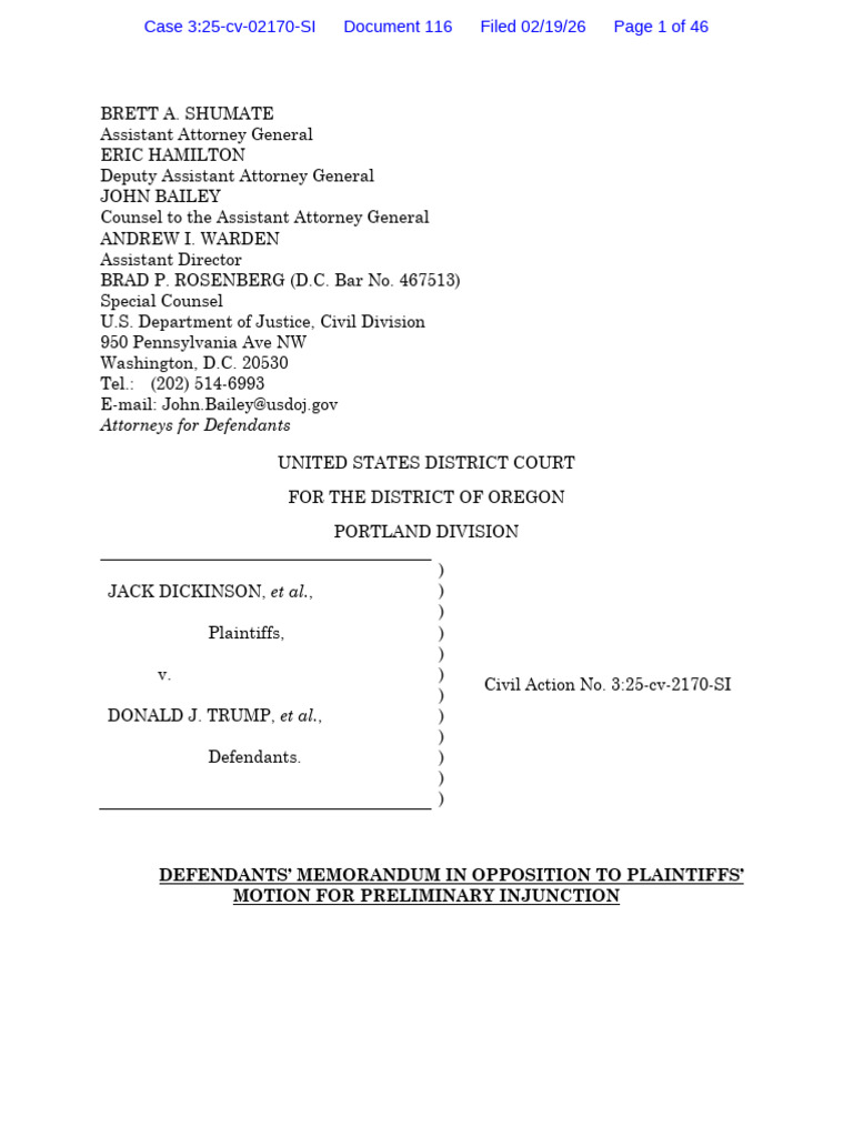 Dickinson Et Al V Trump, DHS, ICE - DOJ Memorandum in Opposition For ...