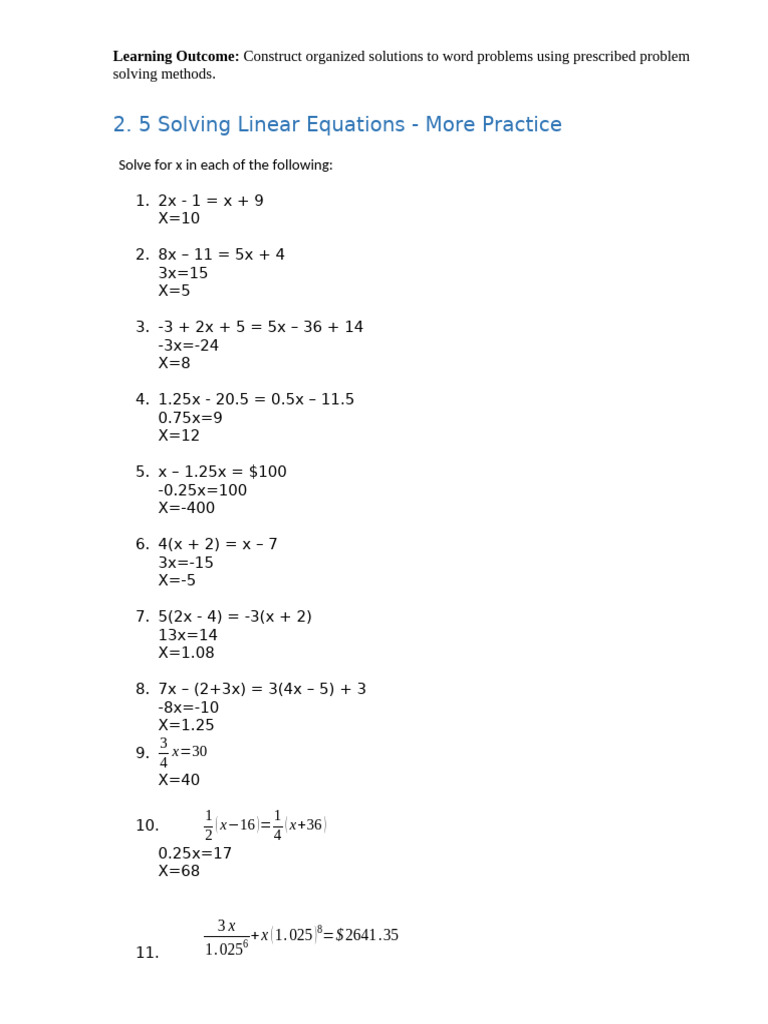 2.5 Solving Linear Equations More Practice Updated | PDF