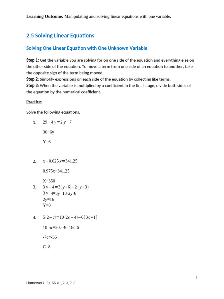2.5 Solving Linear Equations Updated | PDF