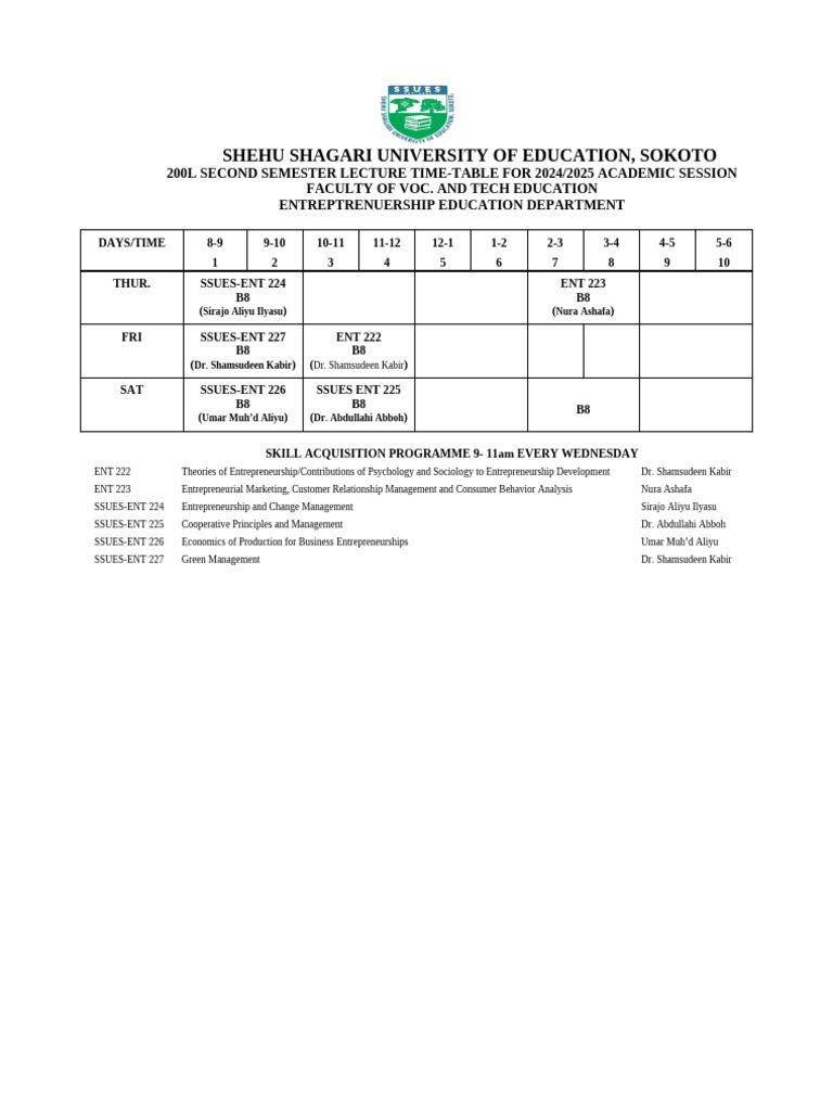 2nd Sem. Lecture Time-Table Ent Ug2 | PDF