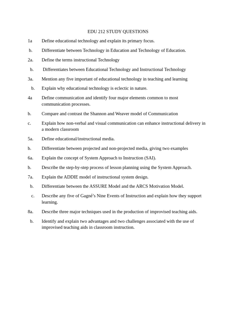 Edu 212 Study Questions | PDF
