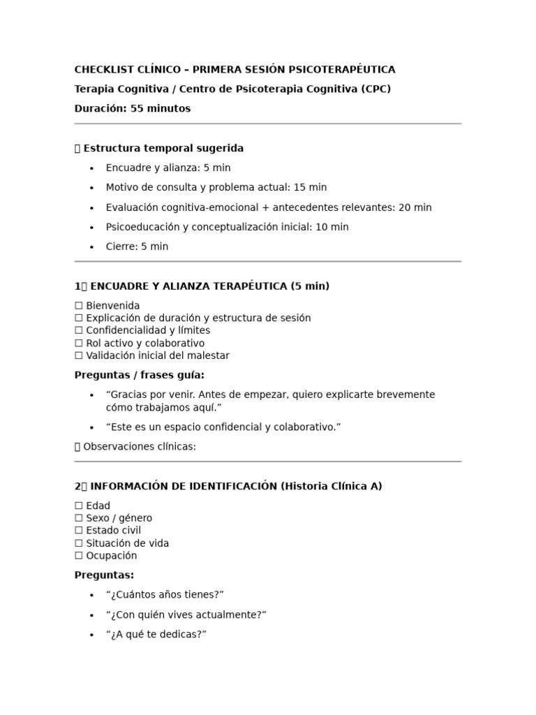 Checklist Clínico | PDF | Terapia cognitiva | Psicoterapia