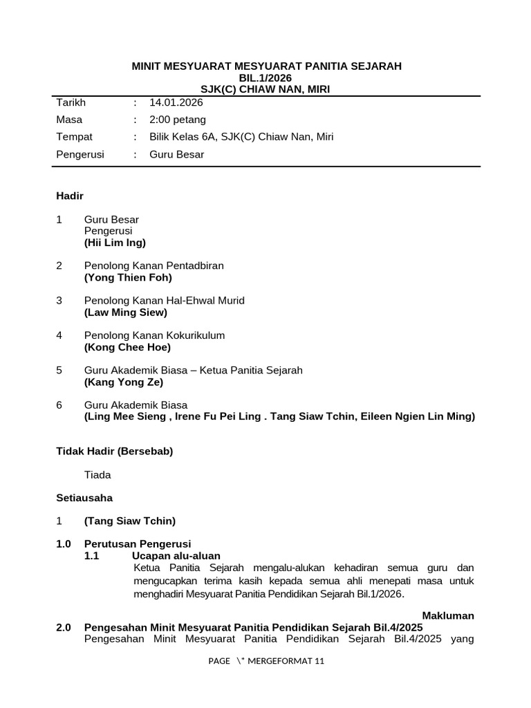 Minit Mesyuarat Sej Bil.1 - 2026 | PDF