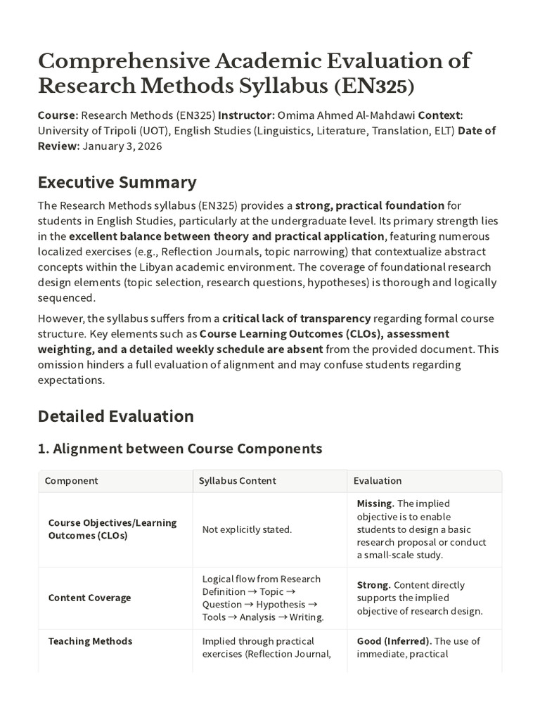 Comprehensive Academic Evaluation of Research Methods Syllabus (EN325 ...