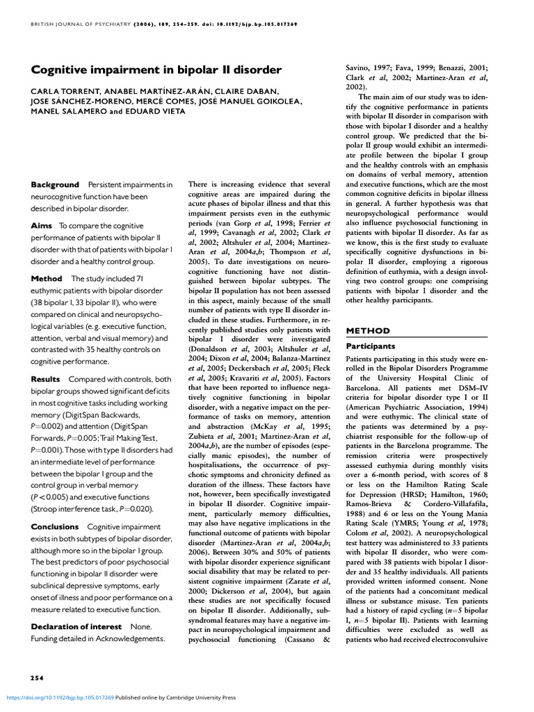 Div Class Title Cognitive Impairment in Bipolar II Disorder Div ...