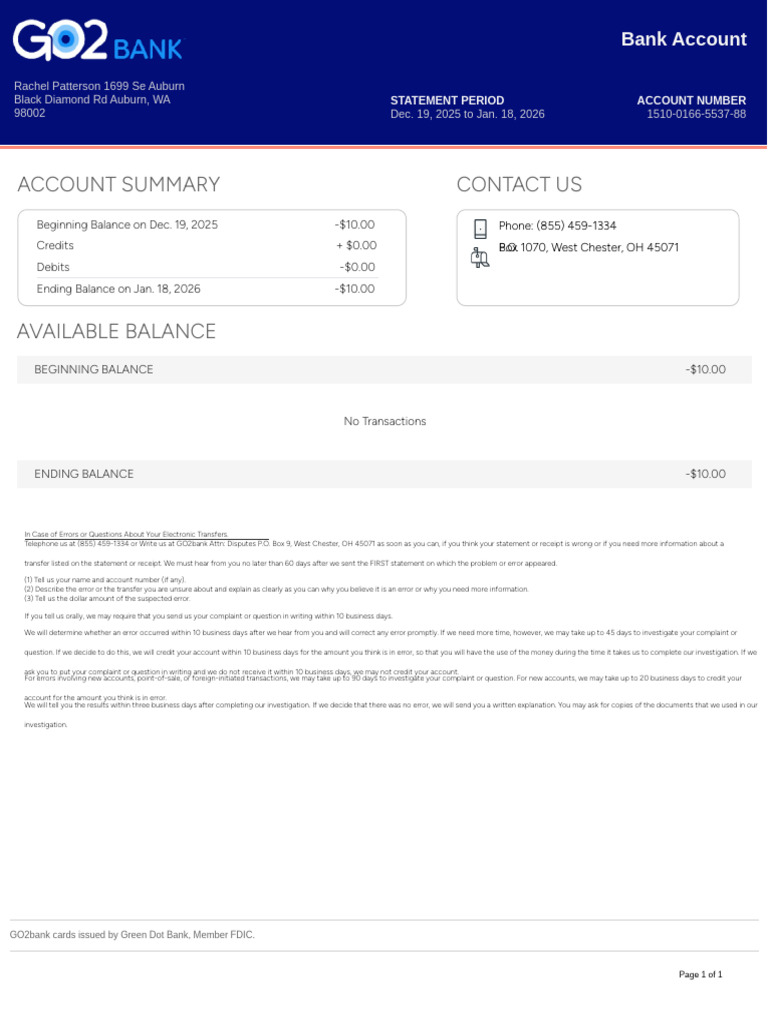 GO2bank Statement January 18, 20265273820935299751972 | PDF | Debits ...