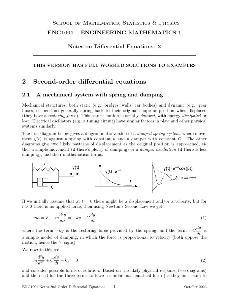 ENG1001 Notes 2nd Order Differential Equations With Solutions | PDF ...