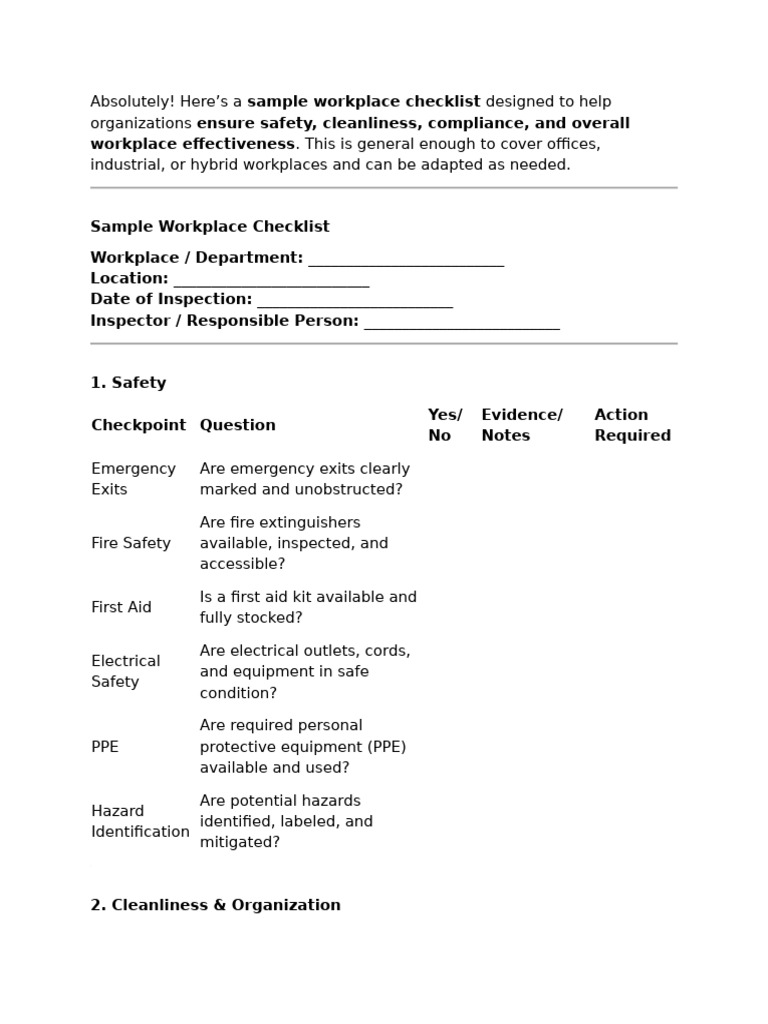 Sample Checklist For Workplace | PDF | Safety | Occupational Safety And ...