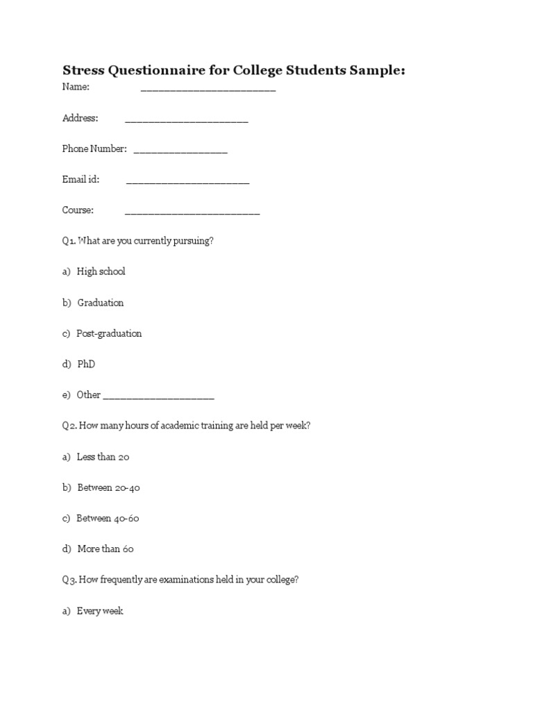 Stress Questionnaire for College Students Sample | Employment | Test ...