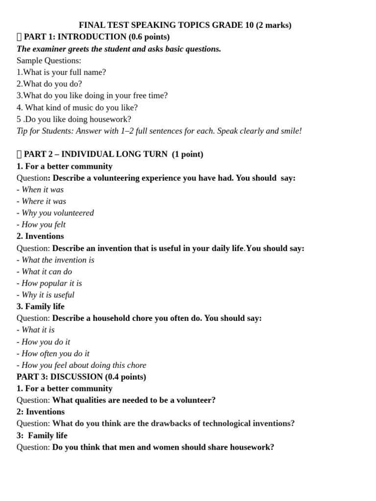 Final Test Speaking Topics Grade 10 HK I | PDF