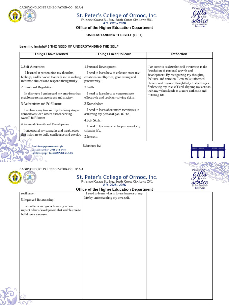 Learning Insight # 1 The Need of Understanding The Self | PDF ...