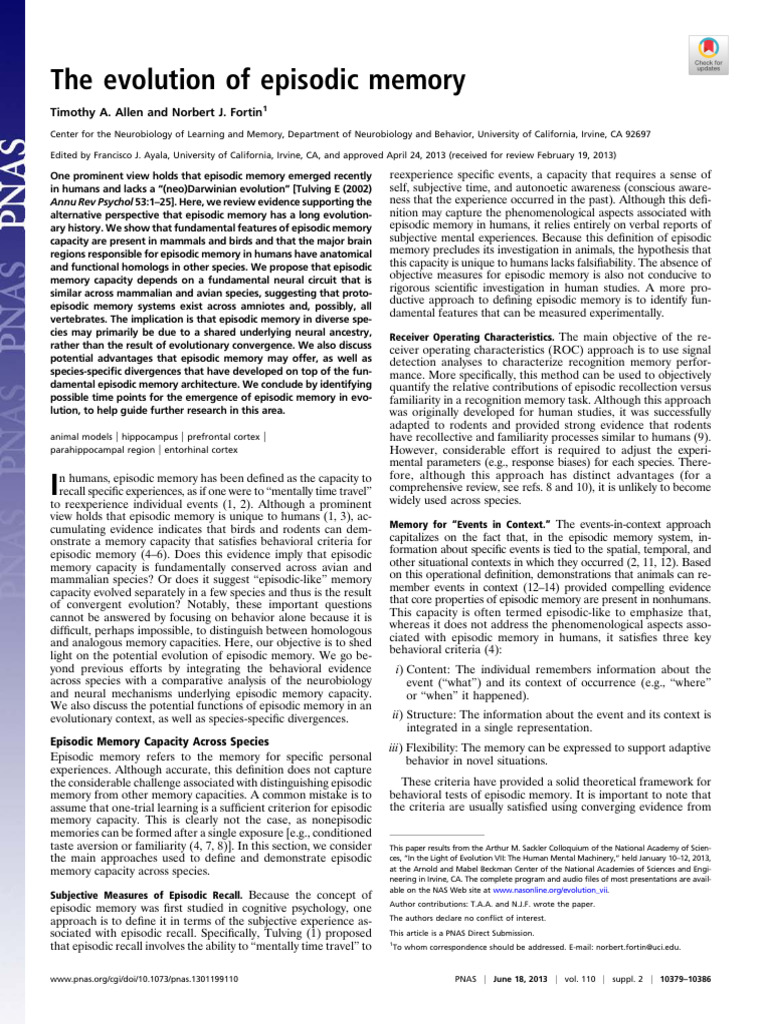Allen Fortin 2013 The Evolution of Episodic Memory | PDF | Hippocampus ...