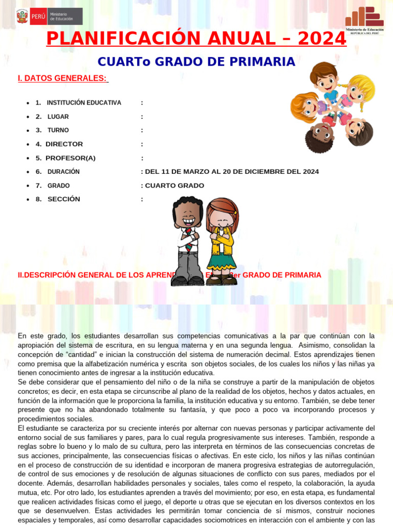 1 Planificación Anual 4to - Grado 2024 | PDF | Sustracción | Datos