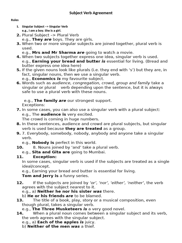 Subject Verb Agreement With Exercise | PDF | Plural | Grammatical Number