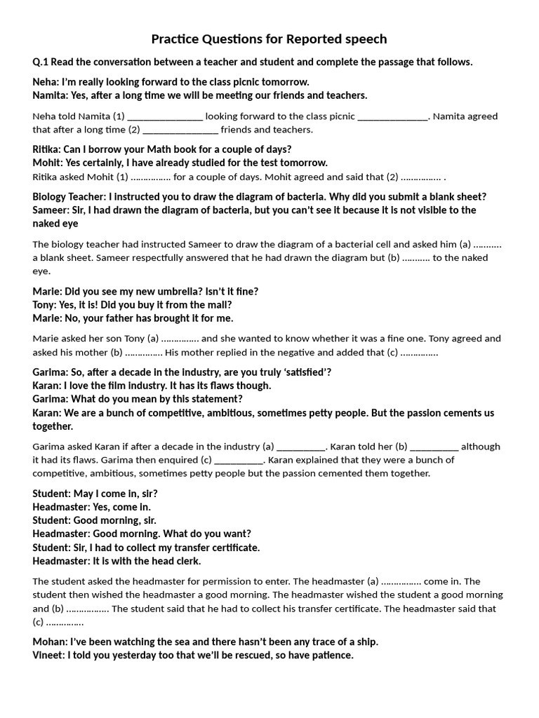 Practice Questions For Reported Speech | PDF